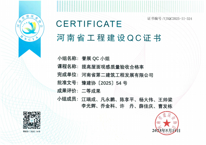 譽(yù)展QC小組榮獲河南省建筑業(yè)協(xié)會(huì)二等成果--國(guó)悅城譽(yù)府項(xiàng)目部